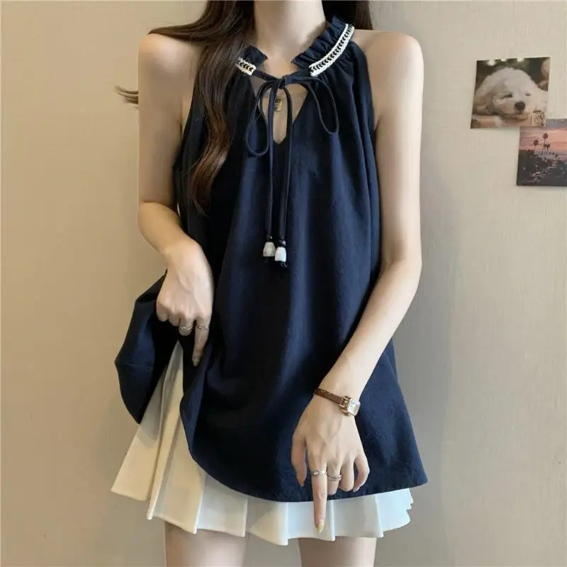 

Женская майка-топ из полиэстера больших размеров, универсальная, модная, визуально стройнящая, в французском стиле, для повседневной носки, красиво скрывающая живот