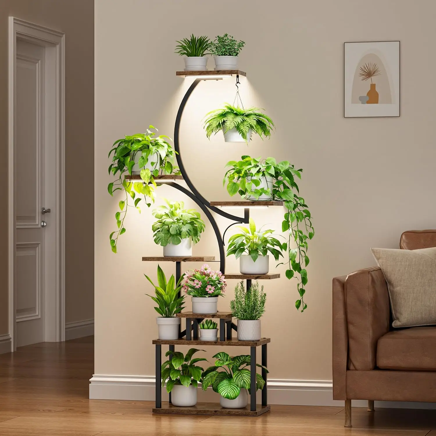 Interior com luzes de cultivo, prateleira de plantas interna de 8 camadas, suporte de plantas de 62 "de altura para plantas de interior múltiplas, suporte de flores de plantas de metal