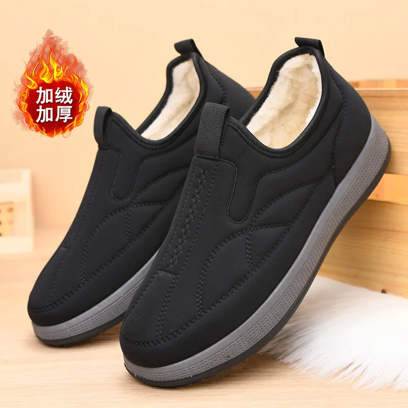 Men Casual Shoes Winter Snow Boot Thick Sole Non Slip Round Toe Slip on Plush Warm Middle Aged and Elderly Cotton Shoes for Man