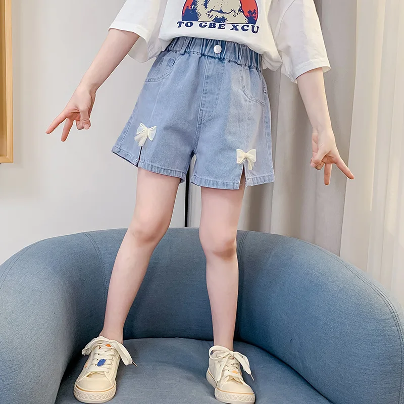 Girls Shorts Thin Jeans Summer New Korean Teenage Kids Loose Bow Denim Shorts Outside Wearing Children Casual Pants 5-14Years