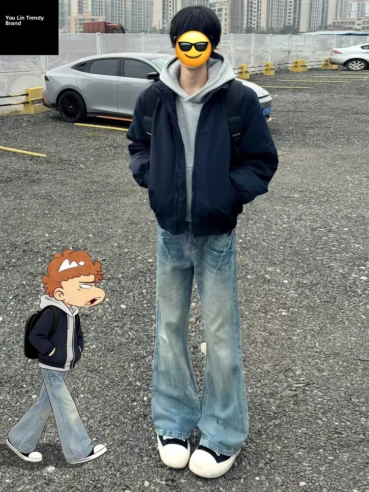 

Мужские джинсы Blue Lightning Pattern Thiened Fce, прямые, с высокой талией, в американском стиле High Street, удлиненные, больших размеров