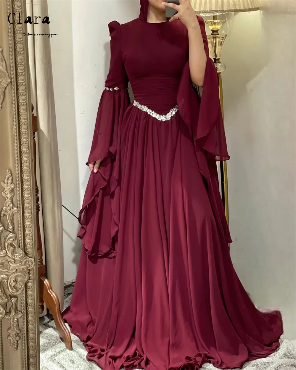 Clara personalizzato strass rosso manica lunga una linea abito da sera da sposa da donna di lusso 2025 abiti da ballo di lusso D/festa elegante