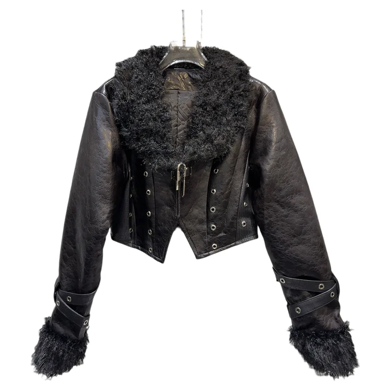 Street Sle ort PU-Leder Jaet Damen Faion Wintermantel mit Lammfellkragen Textur Innenmantel aus Baumwolle Hot Girl