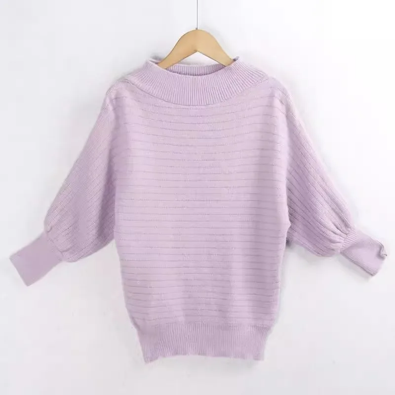 

Осень-зима женский вязаный свитер «летучая мышь» однотонный с высоким воротником накладная фиолетовая пряжа теплый свободный крой для поездок на работу Sle