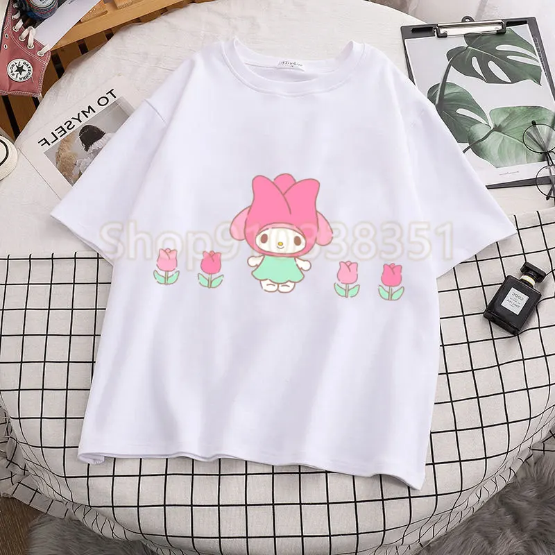 Cute My Melody Flowers Print Womans Tee Shirts Clothing Japan Anime Casual T Shirts 2024 Outdoor Originality Short Sleeved