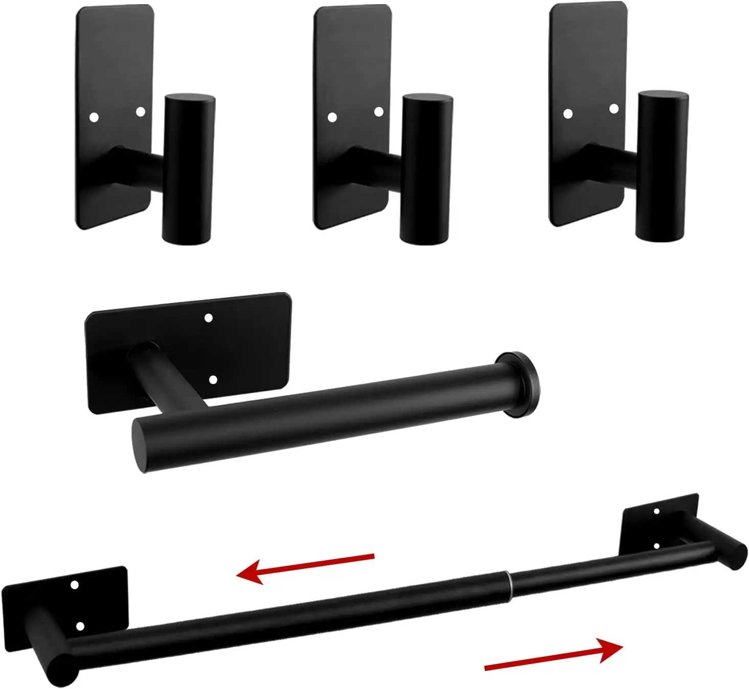 

5-Piece Matte Black Stainless Steel Bathroom Hardware Set with Adjustable Towel Bar, Toilet Paper Holder & 3 Hooks