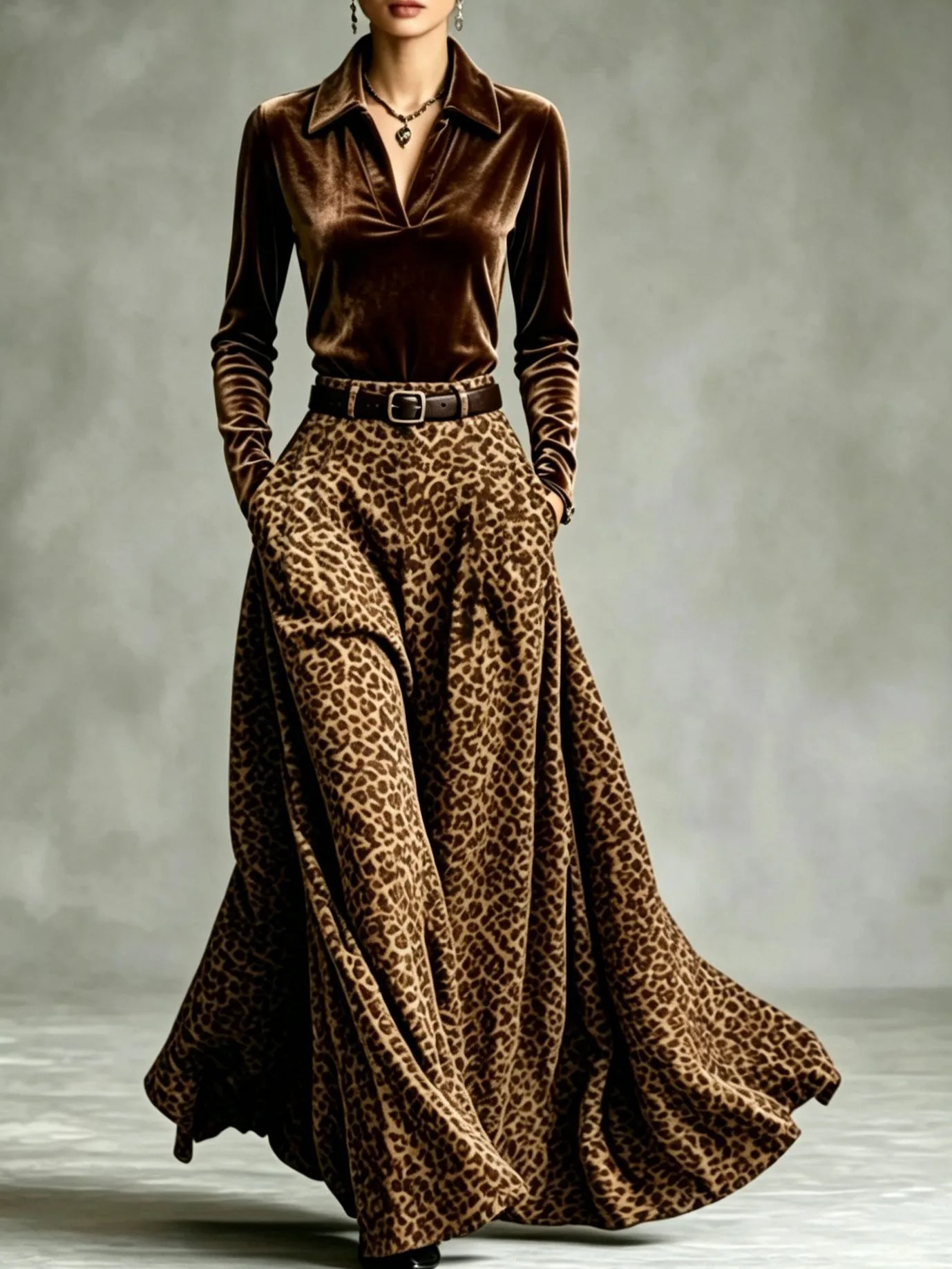 2026 Autumn Spring Elegant Flattering Daily Date Night New Women Retro Long Sleeve Top Leopard Flared Skirt 2-Piece Set
