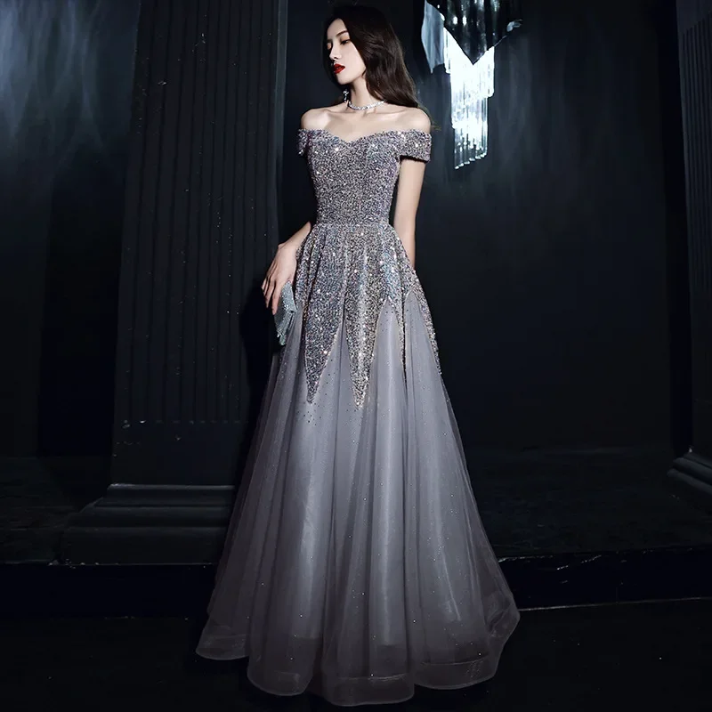 

Evening Dress Long Style 2025 New Fashionable Sister Host High Quality Texture Slimming Starry Sky Small Evening Dress