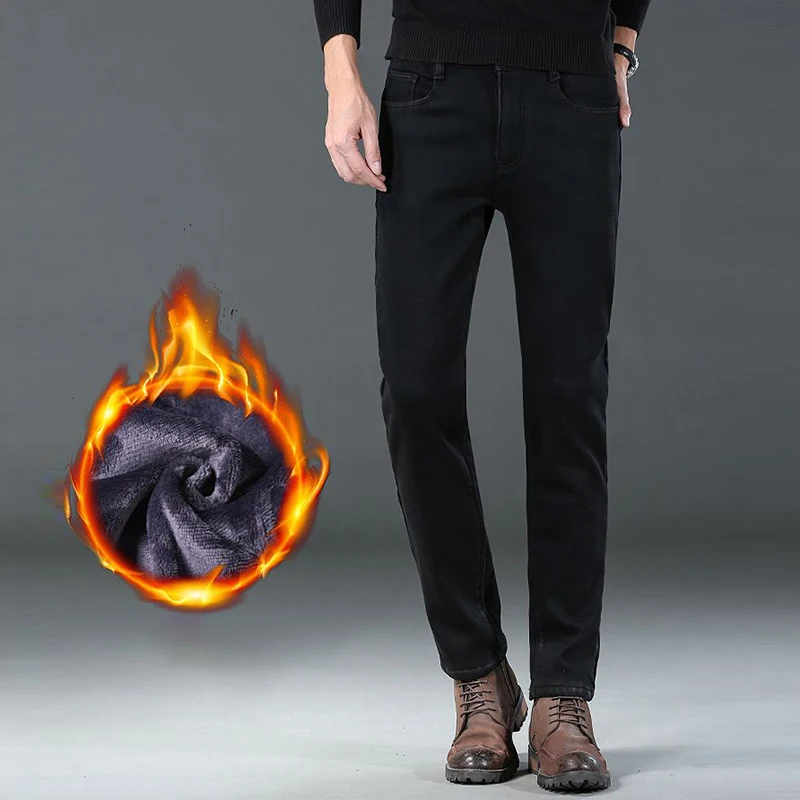 Men Fleece Lined Straight Jeans Male Winter Warm Denim Pants Elasticity Comfortable Casual Loose Thickened Black Trousers