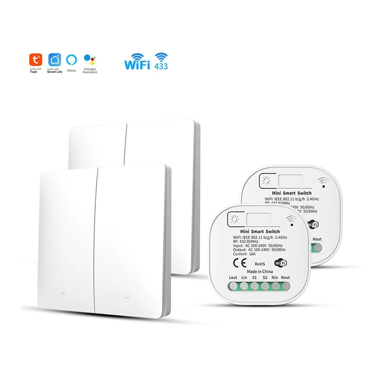 T uya WiFi + RF433 16A Self-Powered Remote Control Switch Wireless Voice Control Two-Way Dual-Control Smart Switch White