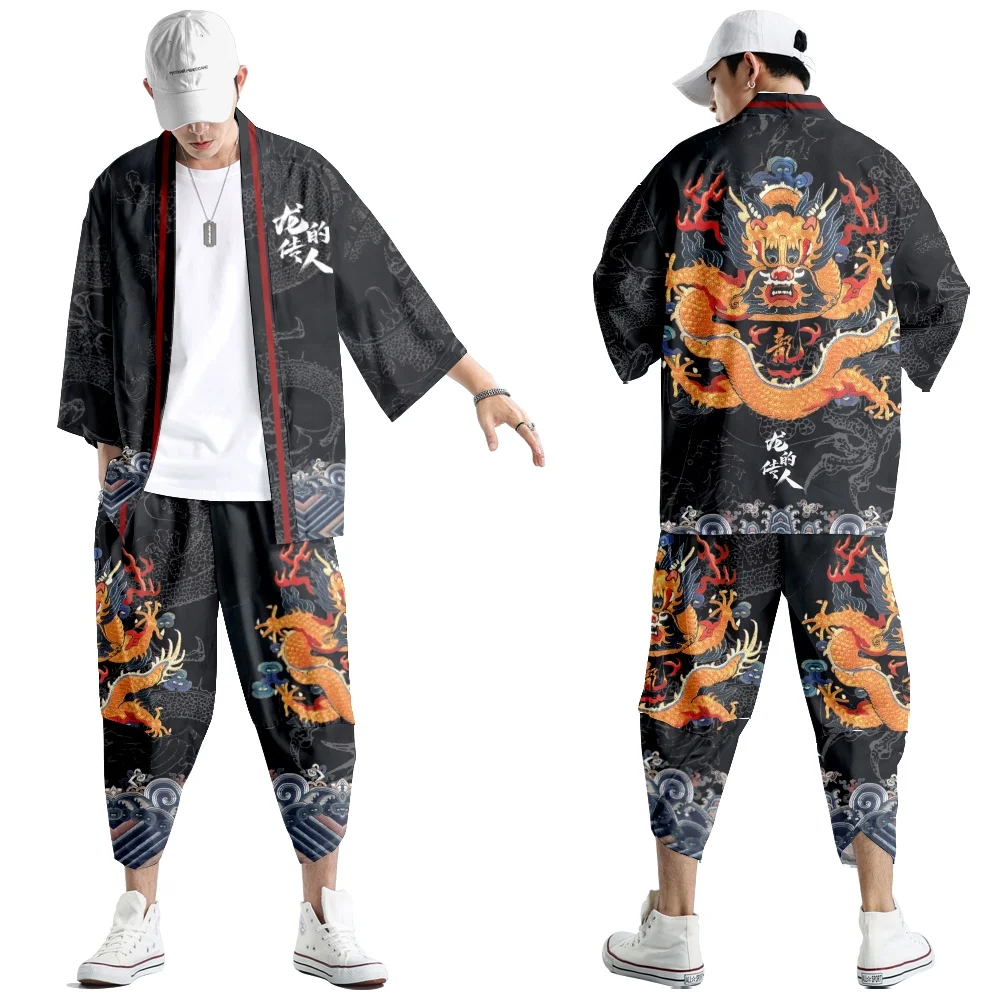 Two-piece Suit Japanese Cardigan Men Anime Dragon Pattern Yukata Cosplay Kimono Pants Sets Asian Traditional Clothing