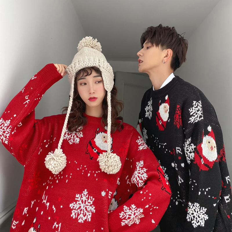 Women Sweaters Winter Couple Outfit Round Neck Knitted Thickened Loose Fitting Santa Claus Christmas Pullover Sweater