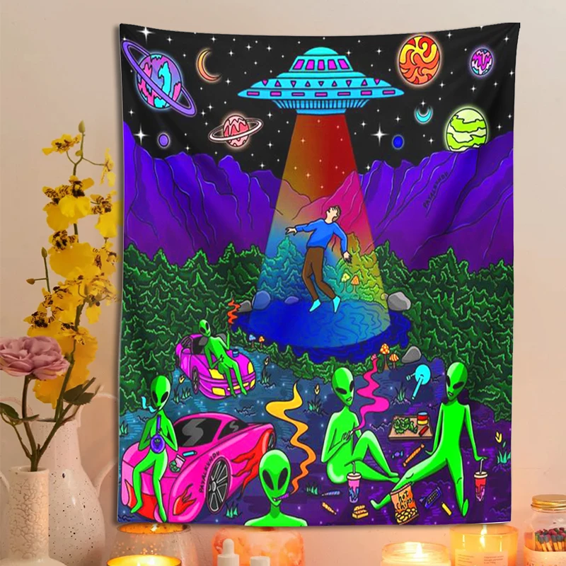 Alien Tapestry Wall Hanging UFO Cartoon Illustration Hippie Art Tapestries planet psychedelic for Living Room Home Dorm Decor