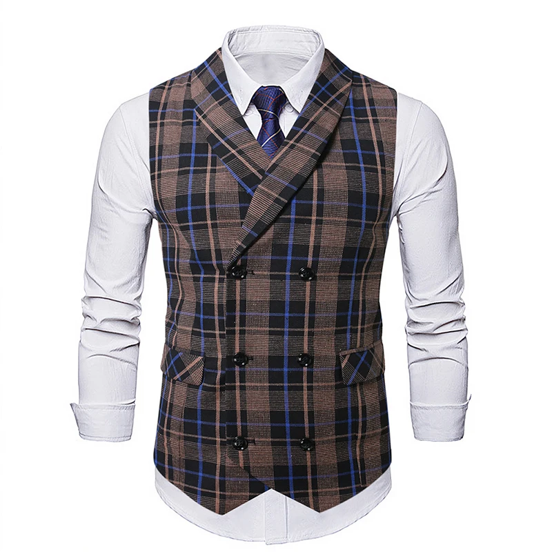 Trendy Sleeveless Slim Waistcoats Mens Spring Fashion Lapel Buttoned Plaid Striped Vest Jackets Men Casual Tie-up Suit Coat Male