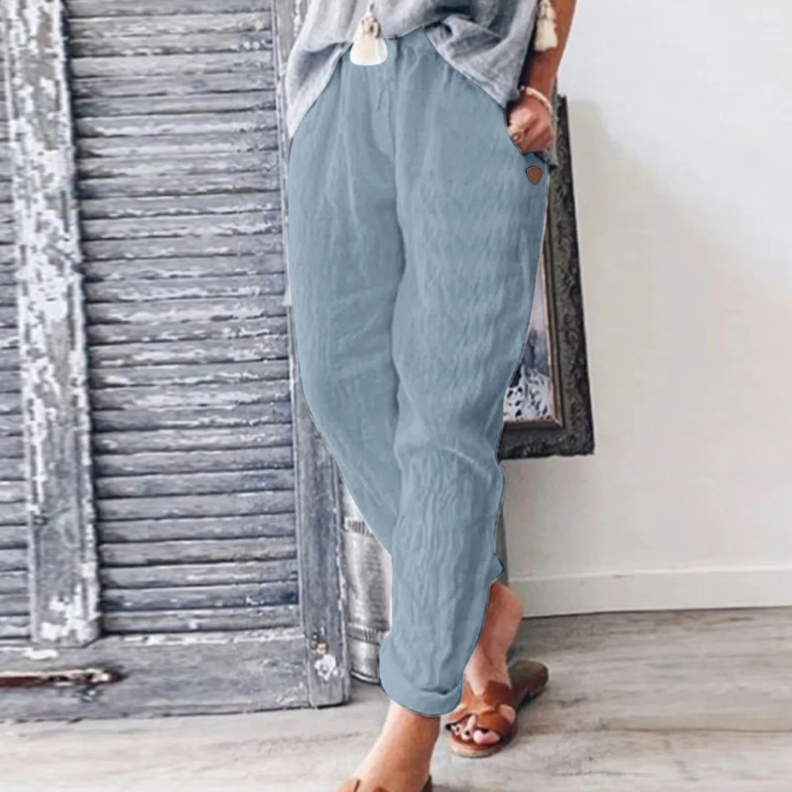 White Cotton Linen Pants For Women 2023 Fashion Loose Full Length Ladies Trousers Casual Elastic Waist Wide Pants For Women