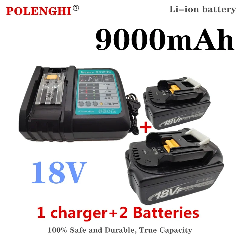 Bateria de iões de lítio recarregável e carregador, Substituir a Bateria Makita, Ferramenta Elétrica, 18V, 9000mAh, LXT, BL1860B, BL1860, BL1850