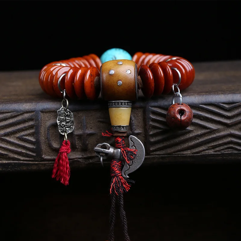 Yak Bead Bracelet Single-Strand Featuring Eye Bodhi Turquoise And Bone With Three-Hole Copper Fitt