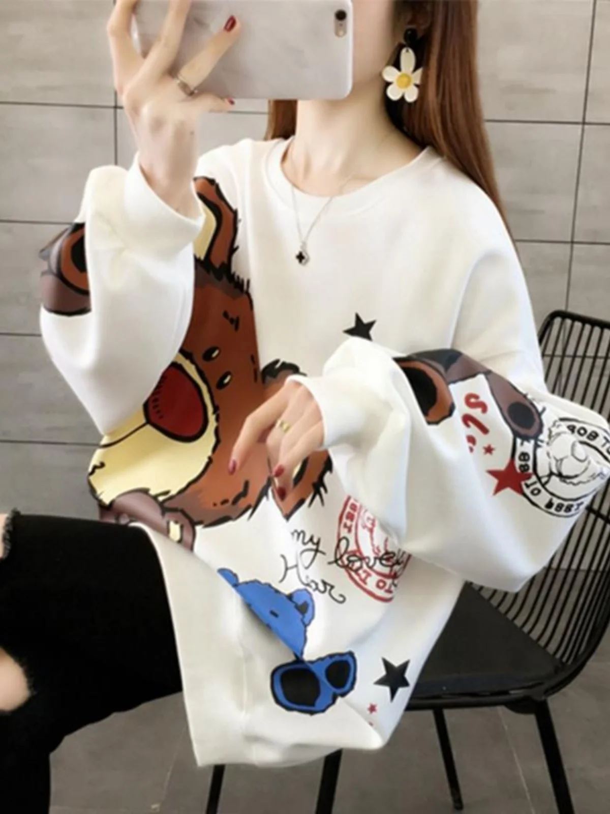 Loose Fit Fce Gefüttert Mittellanges Sweatshirt Damen Koreanische Sle Herbst Winter Oberbekleidung Design Sensation Casual Streetwear