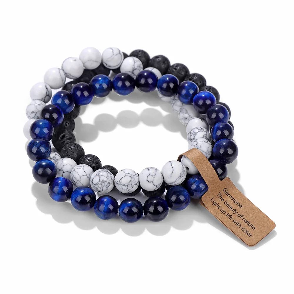 3PCS Natural Stone Bracelet 8mm Rose Quartzs Rhodonite Tiger Eye Hematite Crystal Beads Bracelet Elastic Jewelry For Women Men