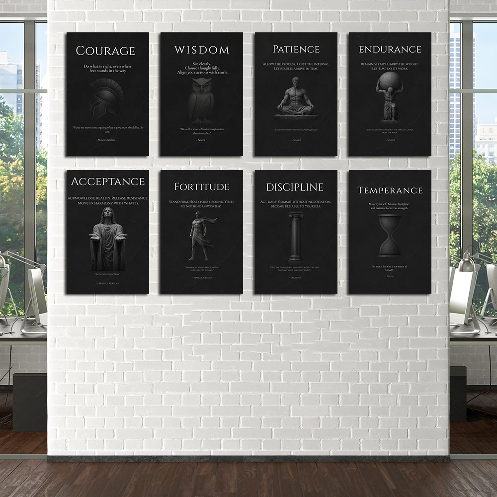 Affiche en toile noire « Fortitude, Patience, Endurance », Art mural minimaliste, Citations de philosophie, Impression d'image, Stoïcisme, Décoration pour la maison et le bureau