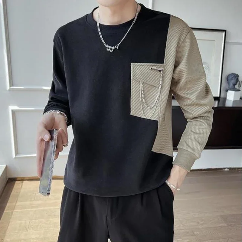 

LIBIELIY LIBIELIY Trend Fashion Autumn Winter Men O-Neck Contrast Color Patchwork High Korean Street Fashion Long Sleeve Loose S