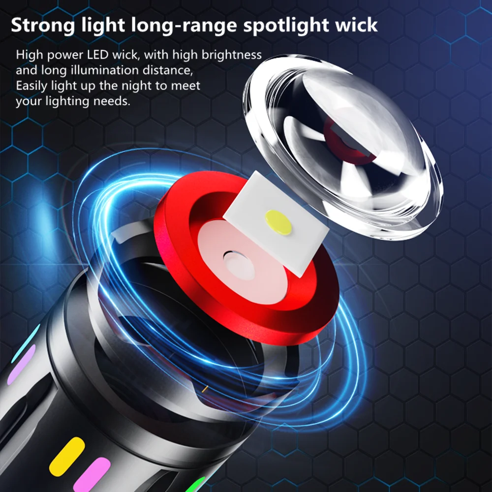 High Power Spotlight Long Range LED Flashlight With Luminous StripsTail Glass breaker Zoomable Torch For Camping Emergency