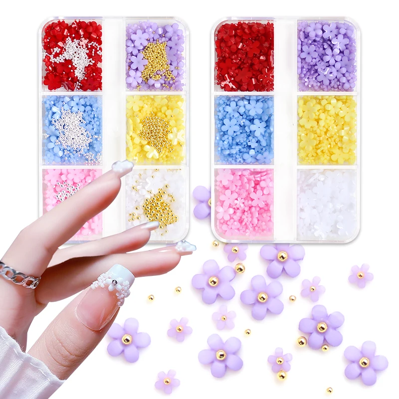 6 Grids White 3D Acrylic Flower Nail Art Decorations Mixed Size Florets Charms Jewelry Gem Beads DIY Nails Design Accessories