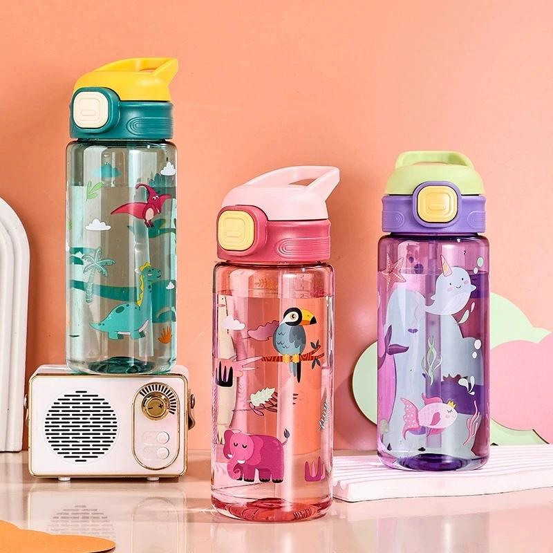 

Cartoon Animals Plastic Water Bottle With Soft Straw Portable Children Spout Water Cup Student Gift Cup Anti-drop Water Bottle