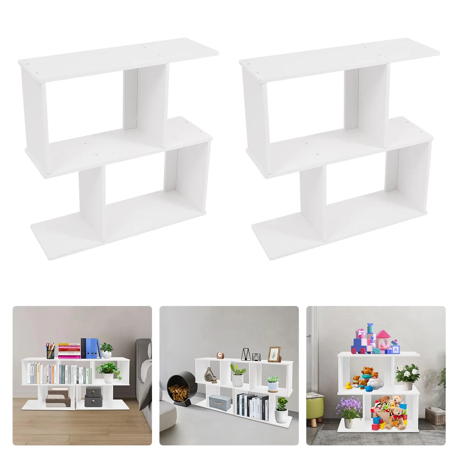2Pcs Geometric Bookshelf 2-Tier Pvc S-Shaped Bookcase Freestanding Books Display Shelf Modern Book Storage Rack Holder Furniture