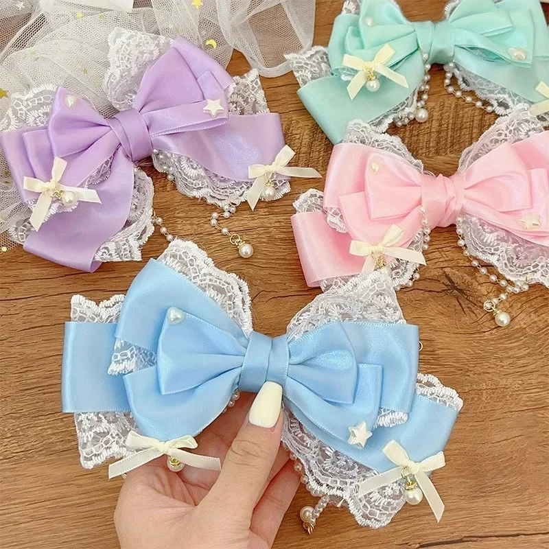 Ribbon Lace Lace Pearl Chain Large Bow Pearl Pink KC Cute Princess Headwear Hair Clip Accessories Lolita Headpiece Sweet Cute