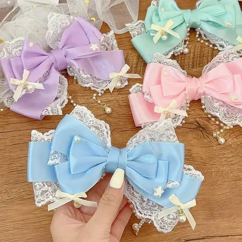 Ribbon Lace Lace Pearl Chain Large Bow Pearl Pink KC Cute Princess Headwear Hair Clip Accessories Lolita Headpiece Sweet Cute