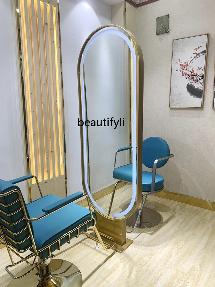 Barber Shop Dressing Table for Hair Salon Hair Salon Double Mirror Single-Sided Floor with LED Mirror