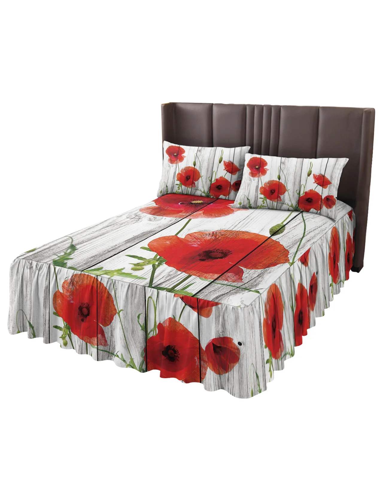 Vintage Wood Red Flowers Poppy Bed Skirt Elastic Fitted Bedspread With Pillowcases Mattress Cover Bedding Set Bed Sheet