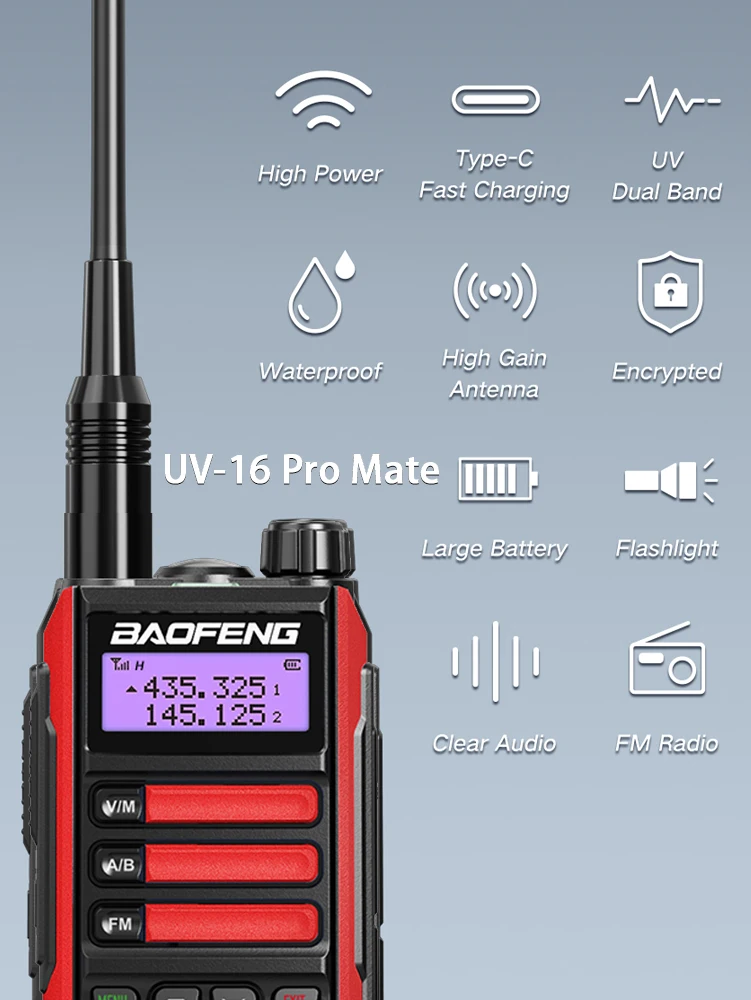 Портативная рация BaoFeng UV-16 Pro Mate с антенной, зарядное устройство типа C, большой радиус действия, водонепроницаемая UV16 pro V2, приемопередатчик, Любительское радио TwoWay