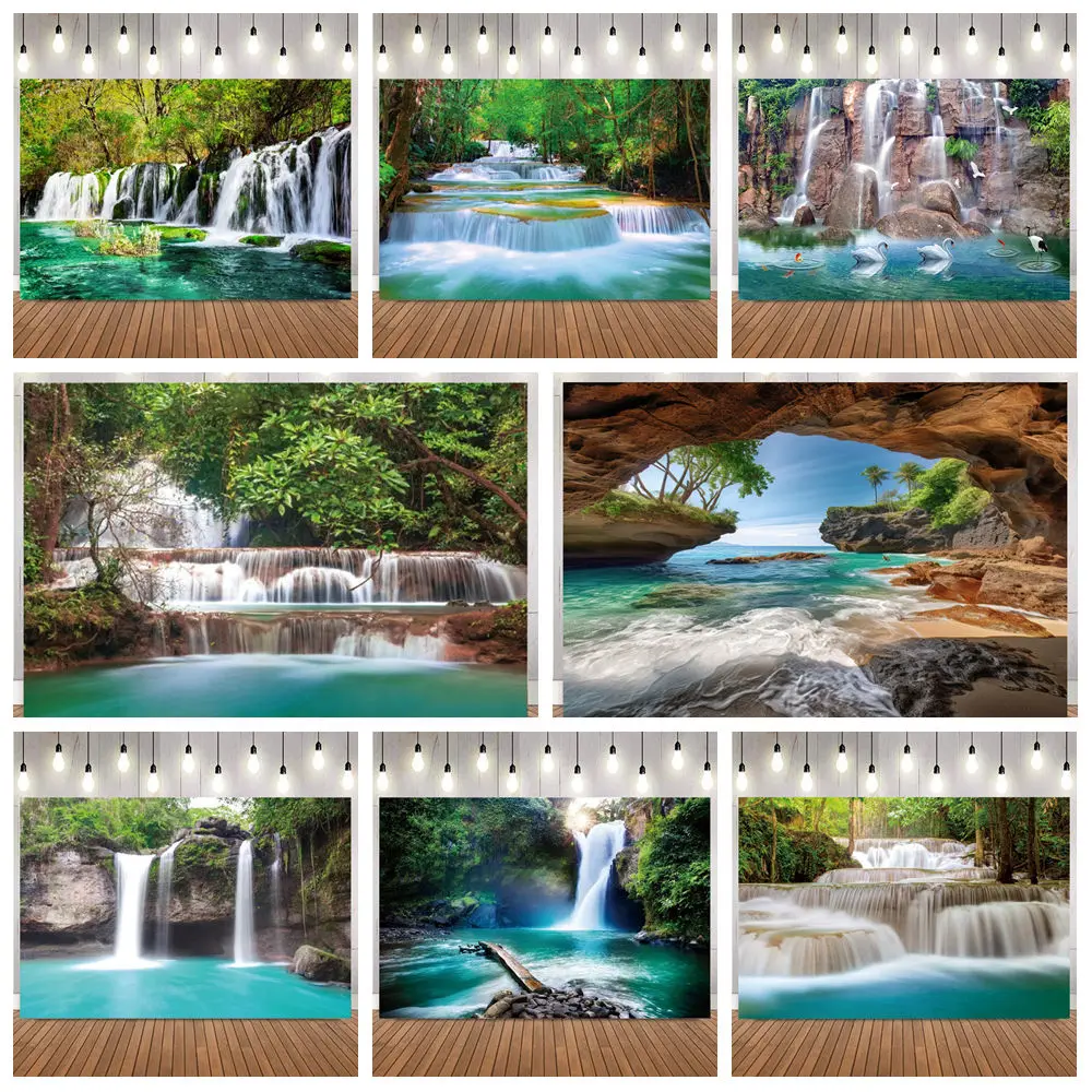 Fondo de fotografía de piscina verde en cascada, valle de la selva Tropical, lago, paisaje natural, retrato de niños y adultos, decoración de habitación, telón de fondo