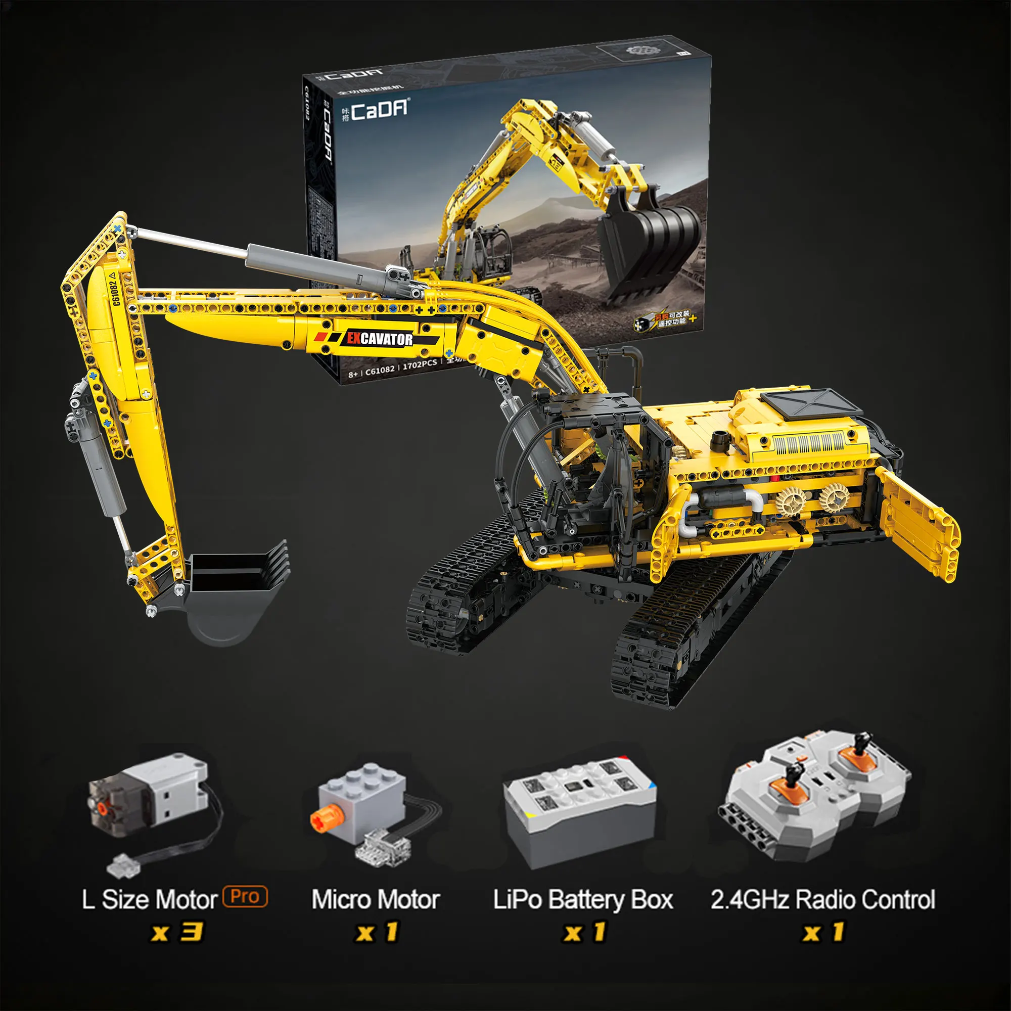 CaDA C61082W 1702Pcs 1:20 RC Excavator Building Blocks Remote Control Engineering Vehicle MOC Bricks Model Toy Gift