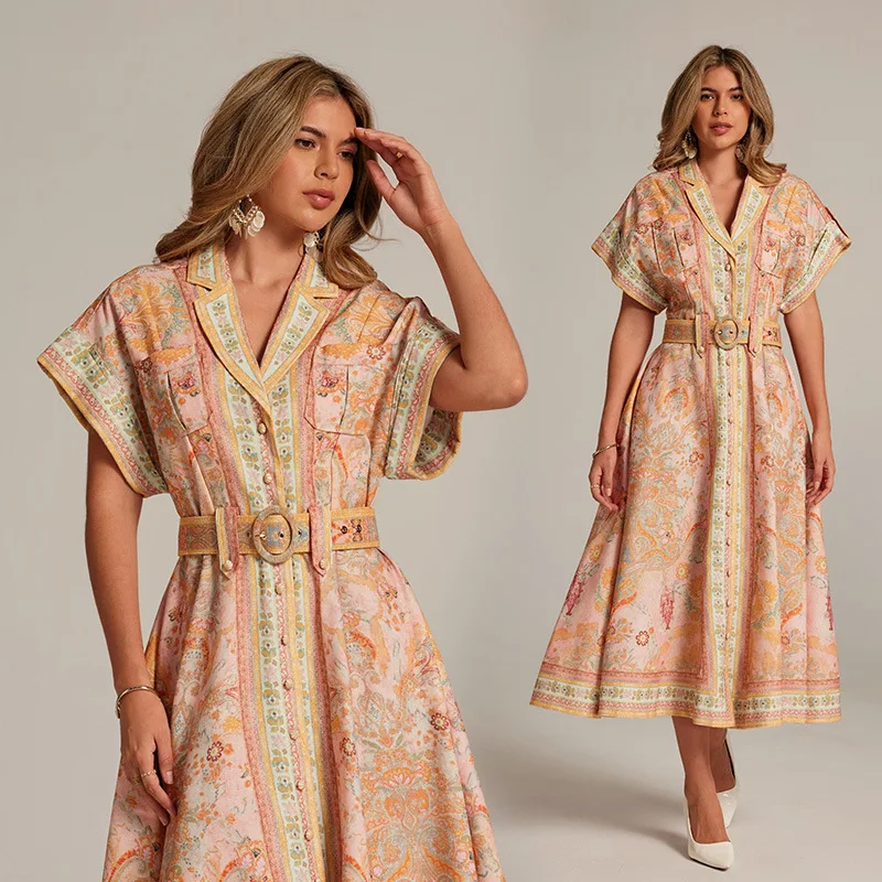 

2025 New French Vacation Print Blazer Collar Long Shirt Dress Women