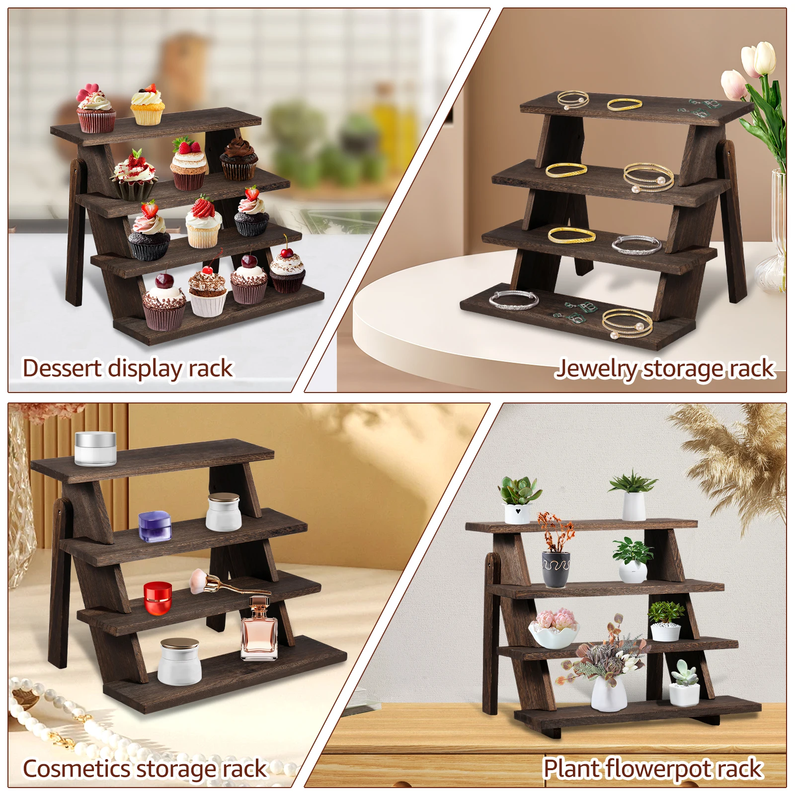 4-Tier Wooden Display Stand Retail Display Rack Cupcake Stand Flower Pot Storage Rack Space Saving for Vendor Home Wedding Party