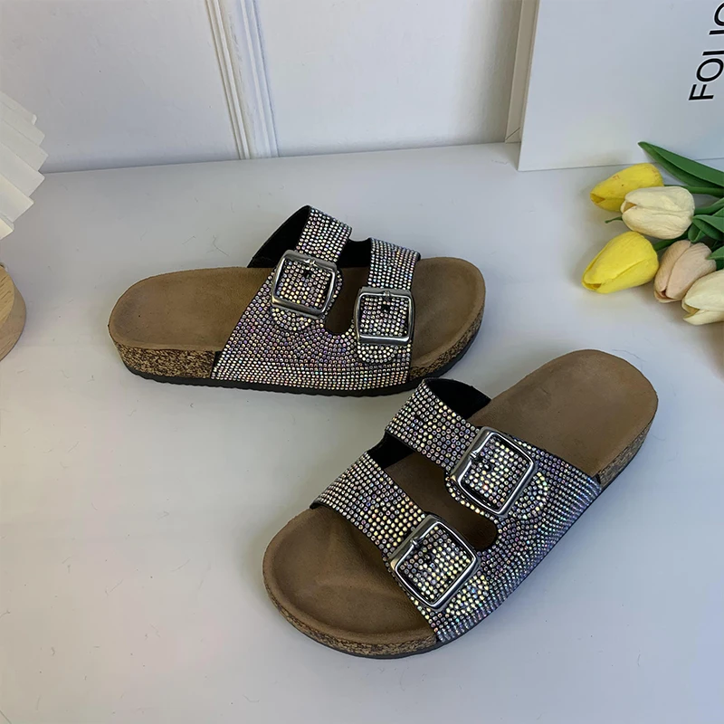 Fashion Imitation WoodGrain Sandals Women Diamond Sequins Double Buckle Women's Flat Slippers Fall and Winter New Shoes