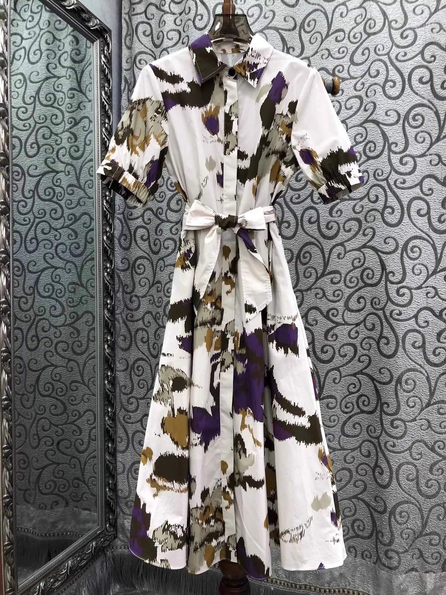 

100%Cotton Long Shirt Dress 2025 Summer Style Women Turn-down Collar Gradient Color Print Belt Deco Short Sleeve Mid-Calf Dress