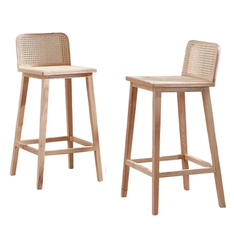 Nordic Solid Wood Bar Chair Japanese Rattan High Feet Stools Modern Minimalist Backrest  High Chair for Kitchen Home Furniture Z