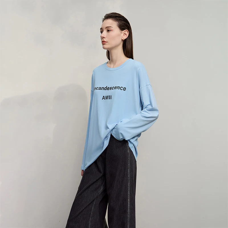 AMII المرأة تي شيرت 2025 الخريف جديد عادية متعددة الاستخدامات المتوسطة والطويلة المرأة القطن إلكتروني الطباعة فضفاضة طويلة الأكمام12543216