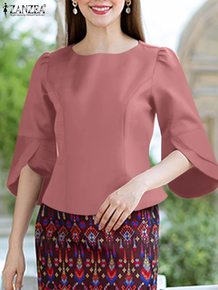 2025 ZANZEA blusa de oficina camisa de Mujer elegante sólido Slim Fit Tops verano elegante 3/4 manga de pétalo Blusas de trabajo Mujer de gran tamaño
