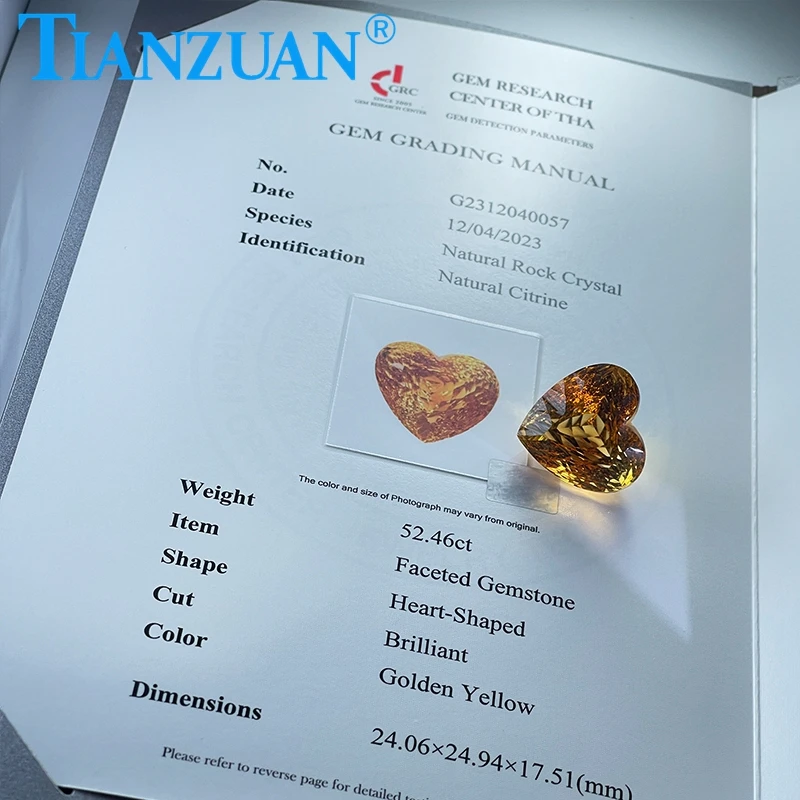 52.46ct Natural Citrine Golden Yellow Color Heart Shape Brilliant Cut Loose Gem Stone with GRC Certified