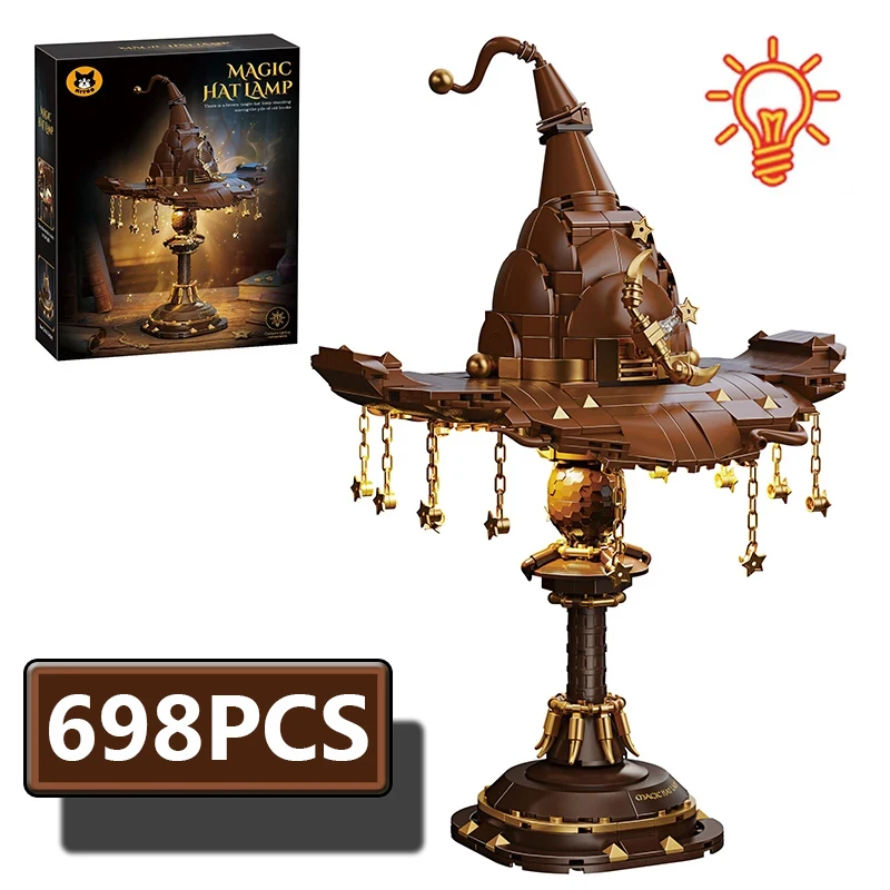 

698PCS Magic Hat desk lamp Building Blocks Simulation Desk Lamp Creative Fantasy Bricks Toy Wizard Hat Night Light Adults gifts