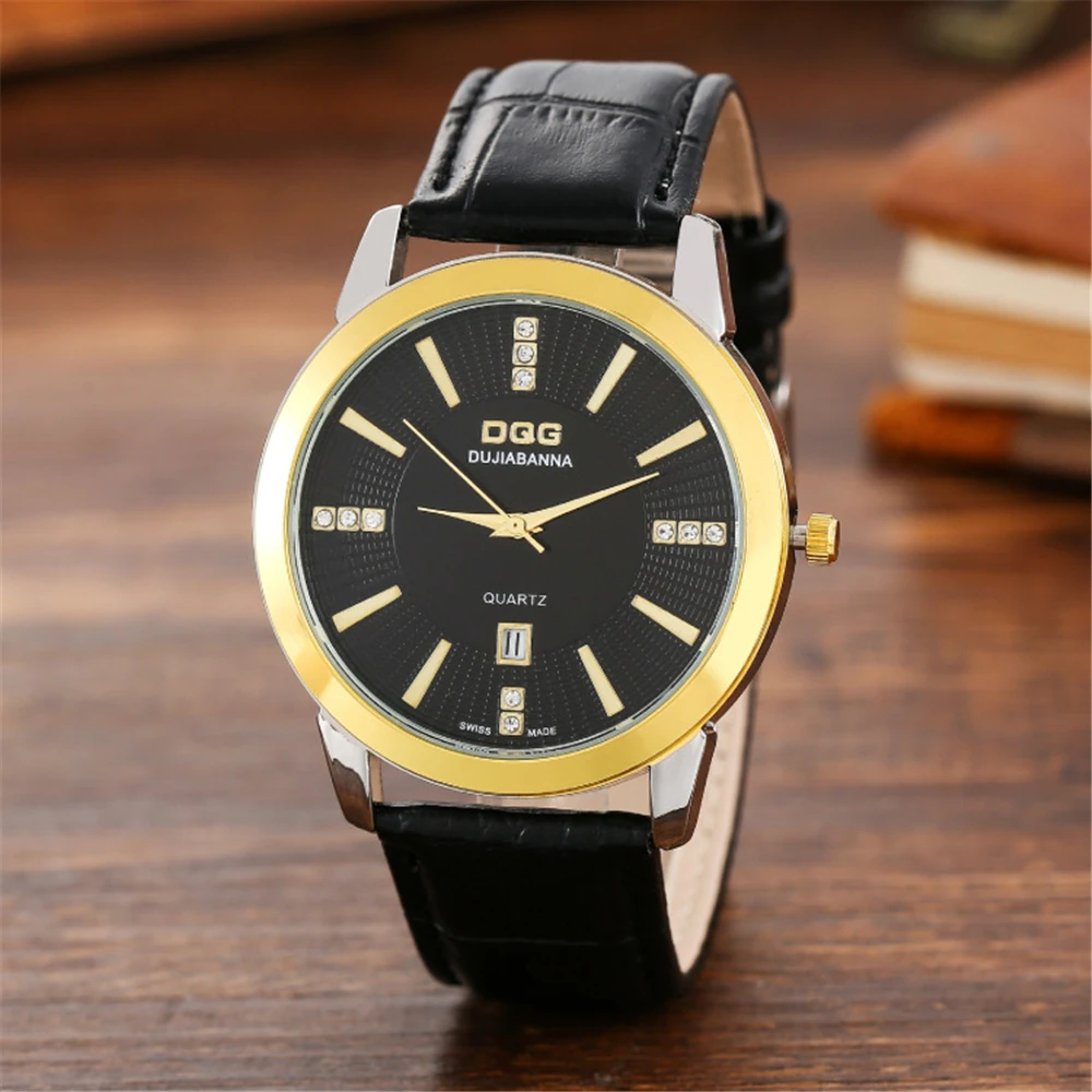 Men Luxury DQG Brand Watches Fashion Gold Case Calendar Quartz Watch Vintage Black Leather Dress Gift Clock Male Wristwatches