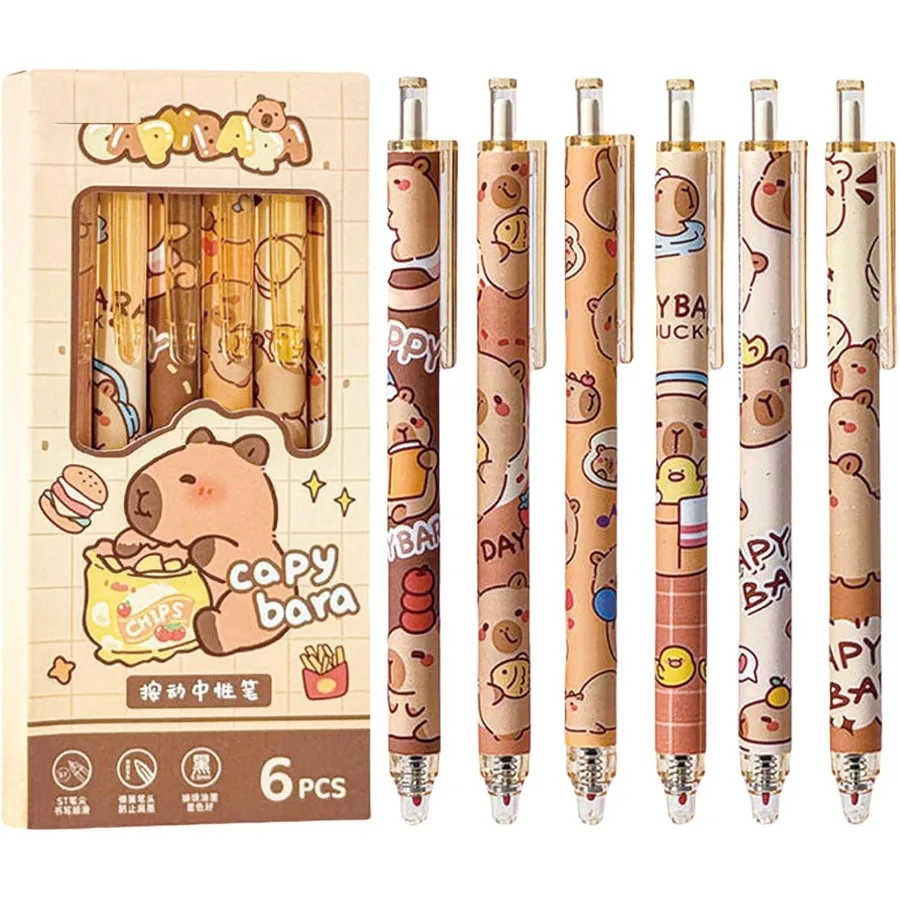

6 шт. выдвижные ручки с героями мультфильмов, гелевые чернильные ручки, милая ручка-капибара, 0,5 мм, черные чернила, ручка для письма, офисные школьные принадлежности для женщин и девочек