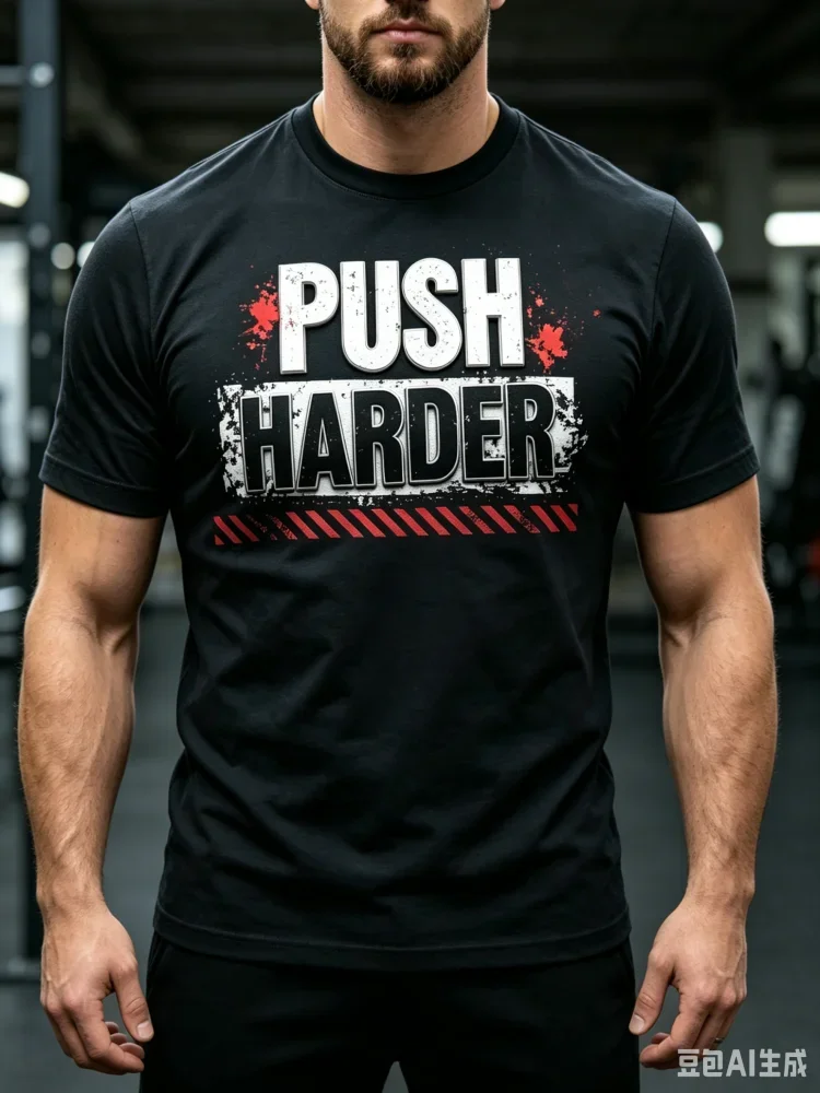 Fashion 3D Distressed PUSH HARDER Slogan Letter Print Men T-shirt Bodybuilding Training Sport Tops Daily Gym Fitness T Shirt
