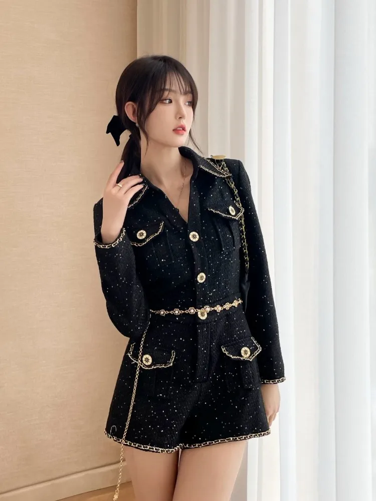 Office Ladies Elegant Black Tweed Playsuits Slim Long Sleeve Spring Single Breasted High Waist Rompers Fashion Women Jumpsuits