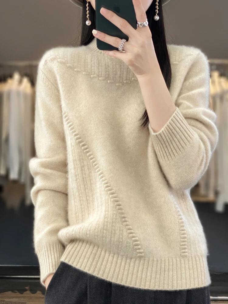 New Women Cashmere Sweater Mock Neck Basics Pullover 100% Merino Wool Thick Knitwear Autumn Winter Female Grace Soft Clothes Top